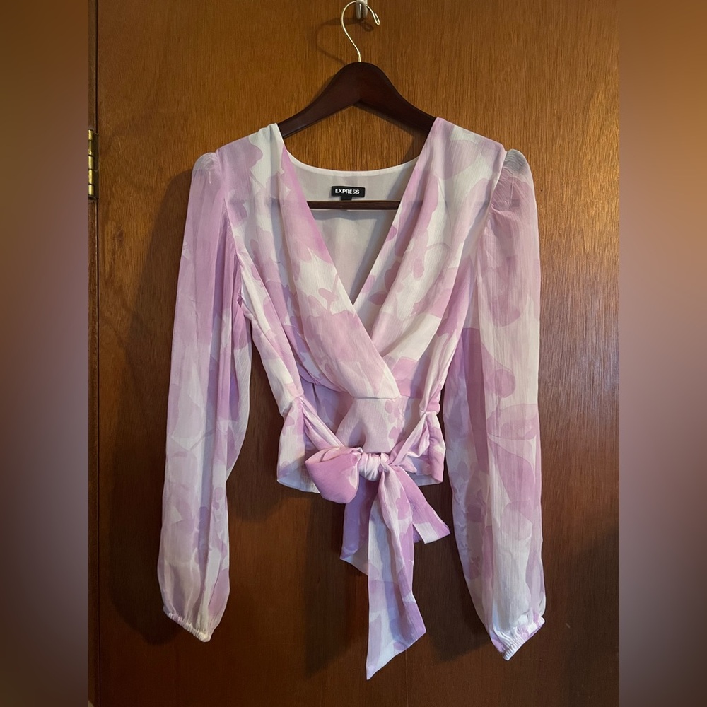 Express Floral Tie Banded Bottom Faux Wrap Top